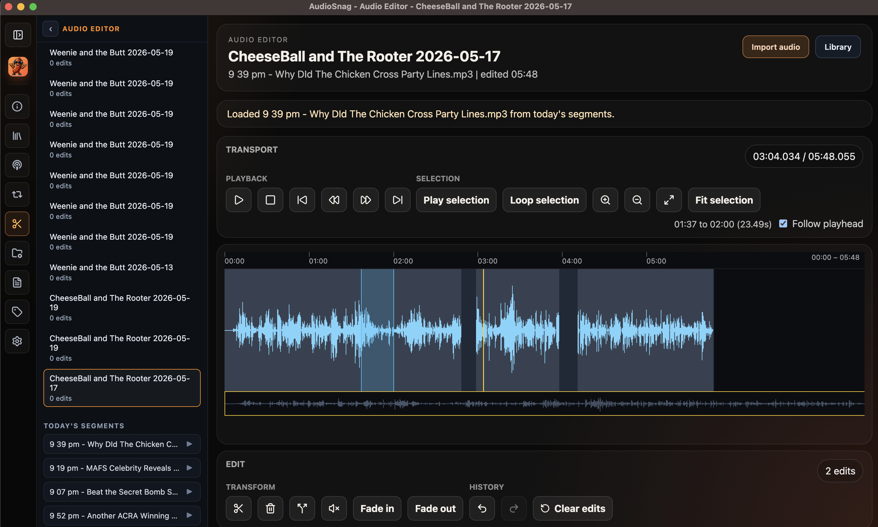 Audio Editor — waveform trims, fades, splits